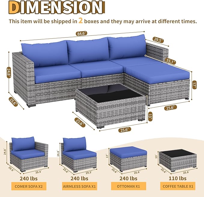 UDPATIO 5 Piece Patio Furniture Set, All-Weather Wicker Outdoor Sectional Sofa, L Shaped Outdoor Conversation Couch with Ottoman, Glass Table for Balcony Porch Backyard, Blue