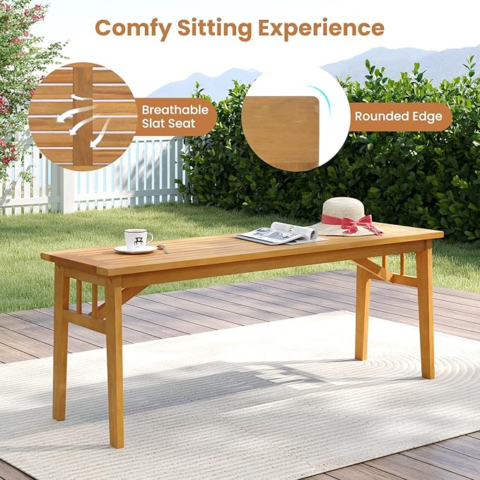 Tangkula 3 Pieces Patio Dining Set, Acacia Wood Space Saving Outdoor Rectangular Picnic Table with 1.97” Umbrella Hole and 2 Benches, for Yard, Garden and Poolside