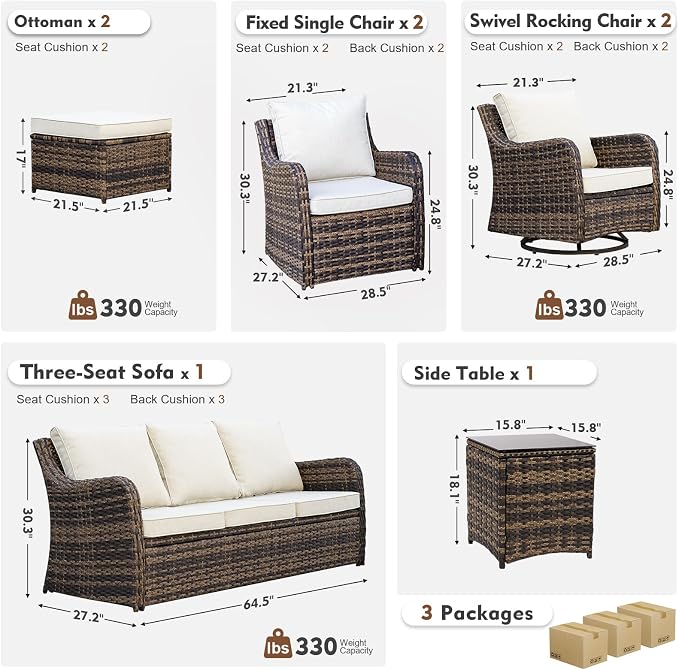 MEISSALIVVE 8 Pieces Patio Furniture Set with Swivel Chair, Wicker Patio Sofa, Rattan Conversation Set with Three-seat Sofa, 2 Fixed Single Chair for Lawn Backyard (Brown)