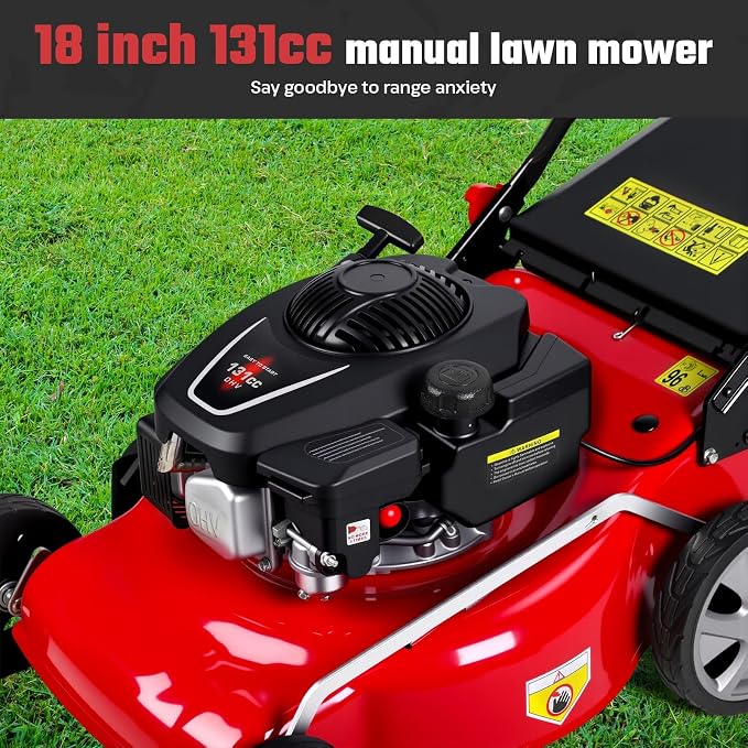 18-Inch 131cc Gas Powered Self Propelled Lawn Mower 3 in 1 Push Lawnmower with 50L Grass Catcher Bag Rear Wheel Drive Walk Behind Yard Mower Foldable Design Red