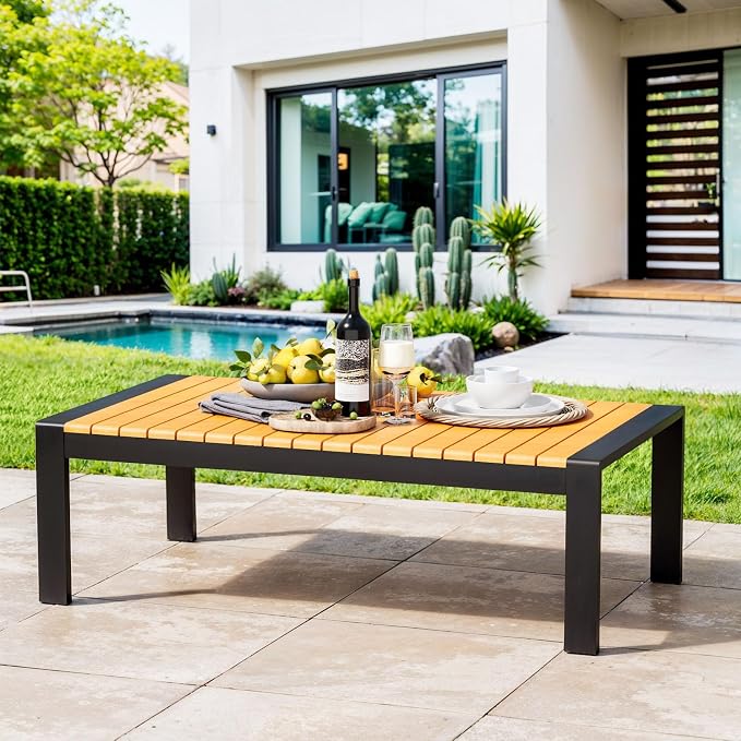 Aluminum Outdoor Patio Coffee Table for for Deck, and Poolside (Black, Dark Teak)