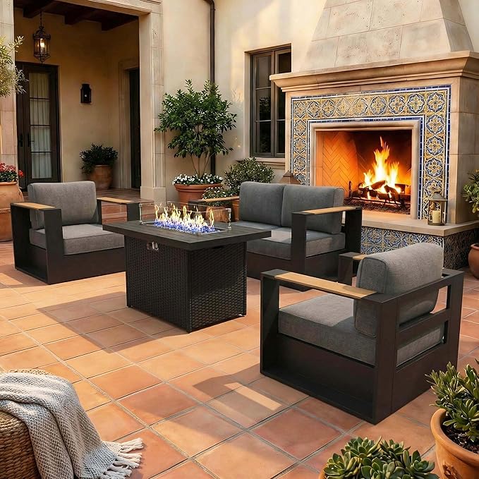 LayinSun 4 Pieces Aluminum Patio Furniture Set with Fire Pit Table, Oversized Outdoor Conversation Set 4 Seats with 6" Thick Cushions for Outside Porch, Balcony, Deck