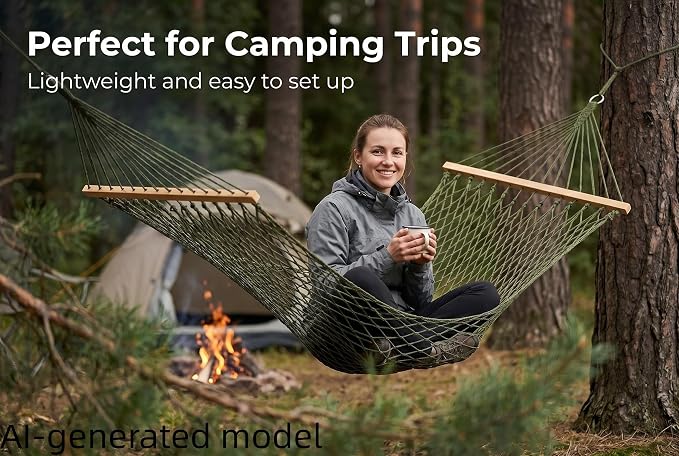 Portable Camping Hammock 79"x32" Anti-Rollover Mesh Hammock with Wooden Spreader Bar, Lightweight Hanging Hammock for Backyard Patio Travel Indoor Outdoor, White/Brown/Army Green