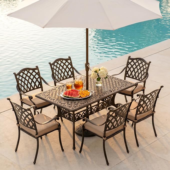 7 Piece Cast Aluminum Outdoor Dining Set, Retro Patio Dining Furniture Set for 6 Includes 59” Rectangular Table 6 Lattice Chairs with Thicker Cushions and Umbrella Hole for Porch Poolside Garden