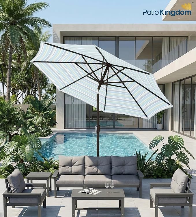 PatioKingdom 9FT Patio Outdoor Umbrella-UPF 50+ Sun Shade with Wind Vent, Push-Button Tilt & Smooth Crank Lift, Rust-Resistant Fiberglass Frame for Garden, Backyard,Yard (Blue Green Stripes)