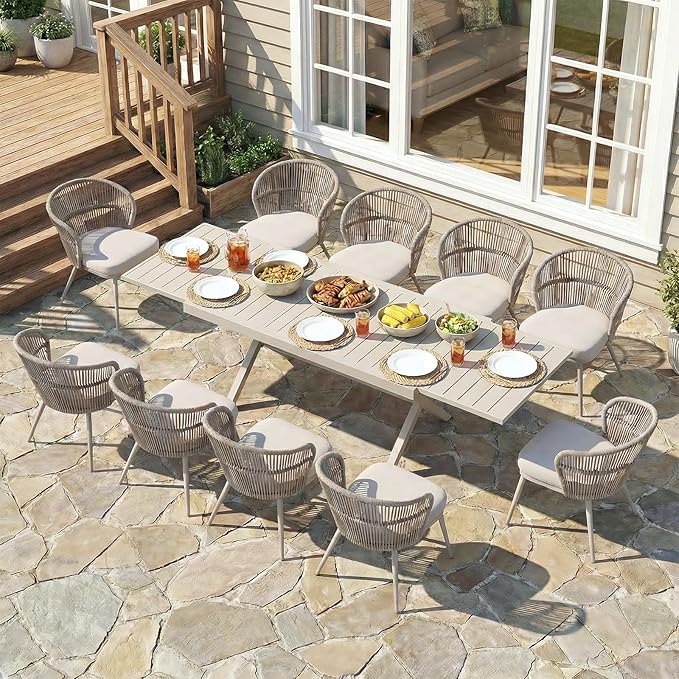 SUNSITT 11 Piece Outdoor Patio Dining Set, 65" - 107" Metal Expandable Outdoor Dining Table with X-Shape Legs, 10 Woven Wicker Outdoor Patio Chairs w/Removable Cushions for Garden, Beige