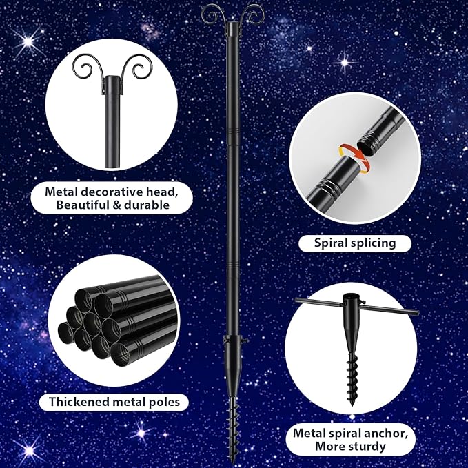 String Light Poles for Outside 10 FT, 2 Pack Outdoor Patio Poles for Hanging String Lights, Heavy Duty Metal Posts with Auger Ground Anchor, 1.5 inch Diameter Adjustable Garden Light Stands for Yard