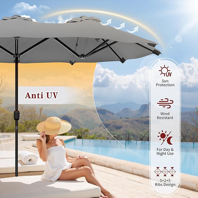 Vongrasig 15FT Large Patio Umbrella with Base Included, Outdoor Double sided Umbrellas with Crank Handle, Rectangle Table Umbrella for Pool Lawn Garden Market