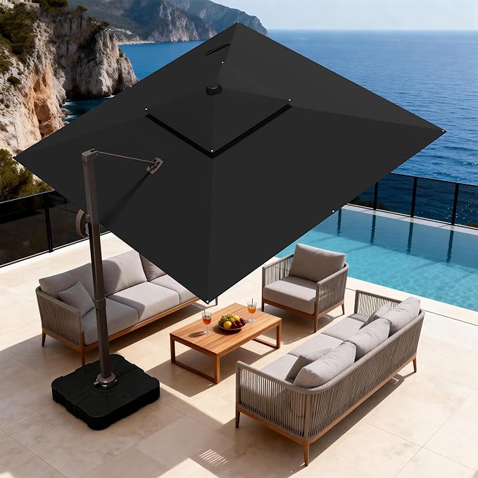 10x10Ft Patio Umbrella Outdoor Cantilever Rectangle Umbrella, 6-Level Tilt & 360° Rotation Offset Umbrella for Garden, Deck, Pool(Black)