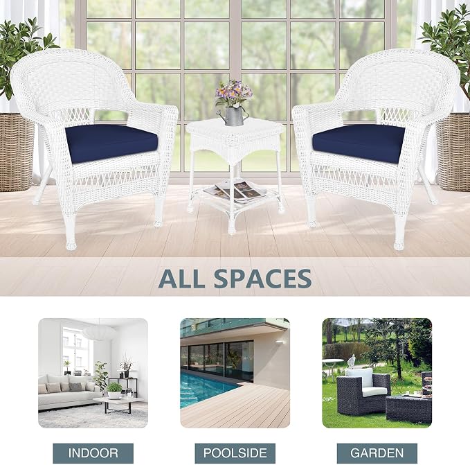 Jeco Carell Furniture 3 Piece Wicker Conversation Set in White with Blue Cushions