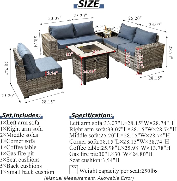 HOOOWOOO Outdoor Patio Sectional Furniture Sofa Set with Propane Gas Fire Pit Table,7 Piece Small Modern Wicker Couch with Widened Armrest,Modular Conversation Seating Set for Out Door(Denim Blue)