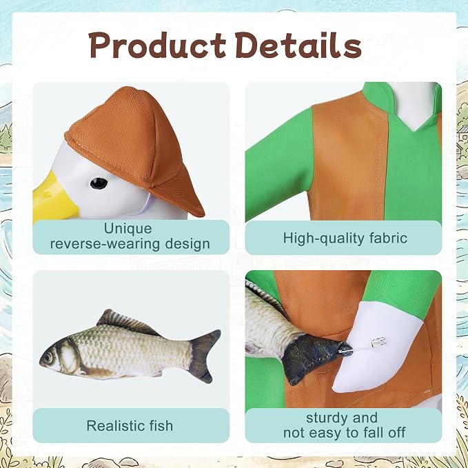 23" Porch Goose Outfits for Garden Yard Decor | Porch Goose Fisherman Outfit, Goose Clothes for Cement Duck for Summer Patio Party Decoration