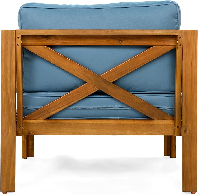 Christopher Knight Home Lucy Acacia Wood Outdoor Patio Furniture Set, 3 Pieces Patio Set, Round Side Table and ArmChairs Conversation Set with Cushion for Garden Lawn Balcony, Blue + Light Teak