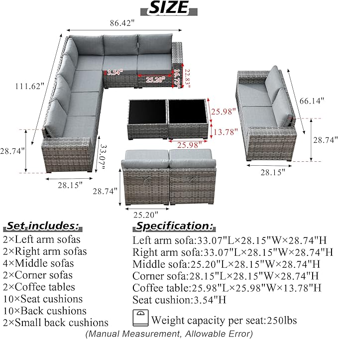 HOOOWOOO Outdoor Patio Sectional Furniture Sofa Set with Widened Armrest,12 Piece Large Modern Wicker Couch,Modular L Shaped Conversation Seating Set with Table for Out Door Garden Corner(Dark Grey)