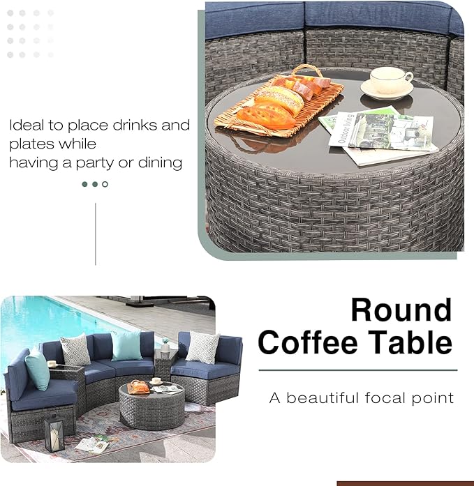 SUNSITT Outdoor 7-Piece Half-Moon Sectional Furniture Set with Round Coffee Table, Patio Curved Sofa Set, Denim Blue Cushion and Grey Wicker, Incl. Waterproof Cover