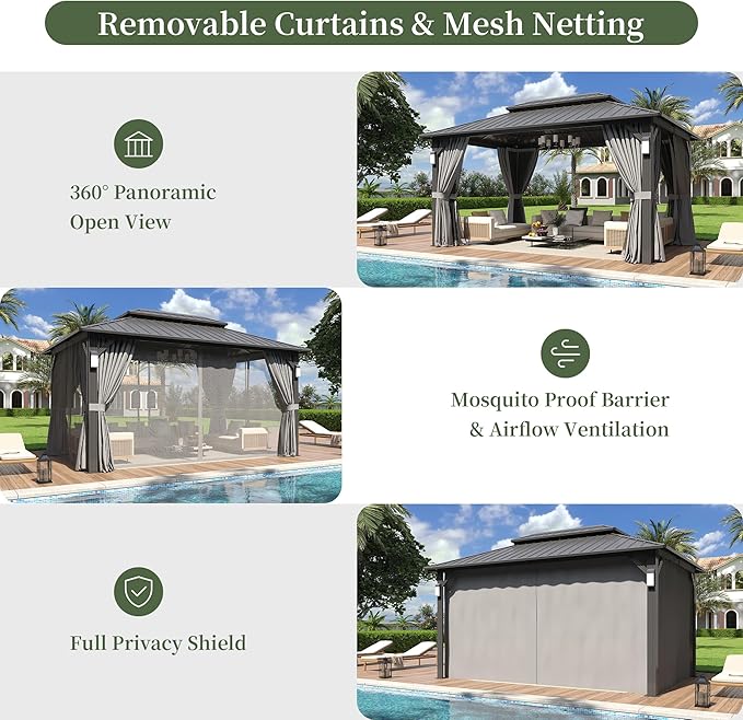 Aoxun 14'x10' Hardtop Gazebo with 4 LED Lights, Outdoor Gazebo with Galvanized Steel Double Roof, Patio Gazebo with Breathable Netting & Privacy Curtain, Decor Hooks for Backyard, Gray