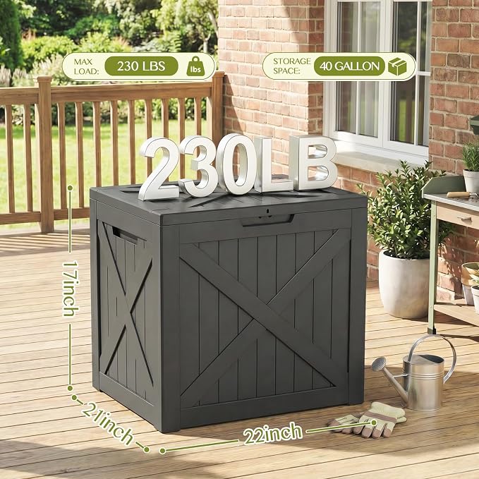 Waterproof Outdoor Storage Box Outside Deck Box Lockable Resin Bench UV Resistant Furniture Cushion Pool Tool Float Bin Patio Garden Porch (Black, 40 Gallon)