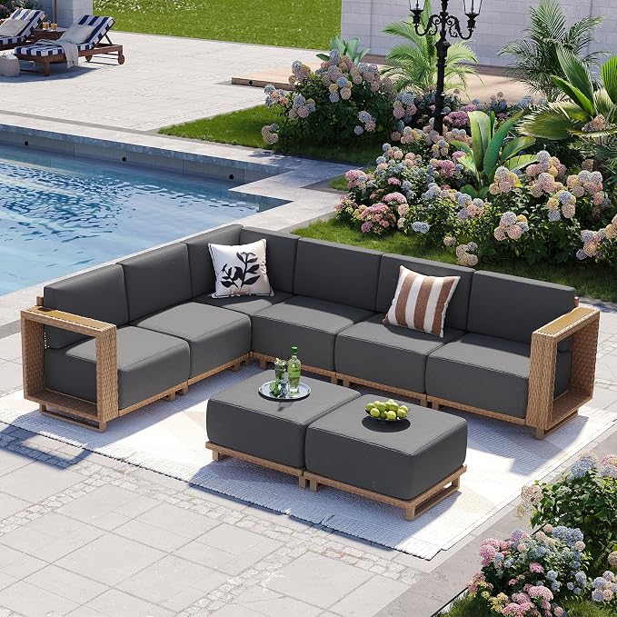 Aoxun Patio Furniture Set, 8 Piece Outdoor Wicker Sectional Sofa Set, All-Weather Rattan with 10'' Ultra-Thick Cushions, Outdoor Conversation Set for Backyard, Poolside and Garden, Yellow/Dark Gray