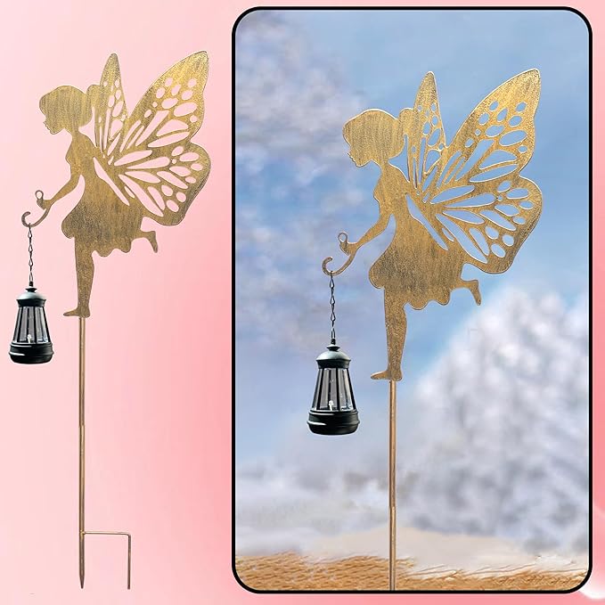 Solar Fairy Garden Decor, Metal Running Fairy Statues Stakes, Outdoor Waterproof Garden Ornament for Patio, Lawn, Yard, Housewarming Gift for Gardening Mom Grandma