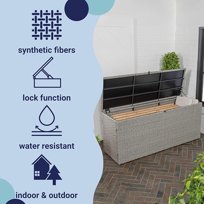 happimess TRK1002A Nino 59.06" Modern Minimalist Outdoor Faux Wicker Deck and Patio Storage Box, Gray, Soft-Close, for Package Delivery, Patio Furniture, Cushions, Gardening Tools, Pool Supplies