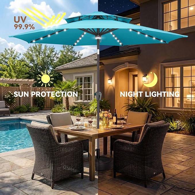 Jarka&Co 9ft Solar Patio Umbrella - 2 Tiers Solar Outdoor Umbrella with 40 LED Lights Waterprool UV Protection, Market Table Umbrella with Tilt for Backyard, Garden, Pool, Porch (Aqua Blue)