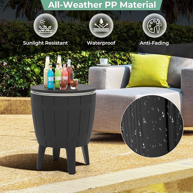 10 Gallon Cooler Table, Cool Bar Table with Height Adjustable Tabletop & Drainage Plug, 3-in-1 Cocktail Drinks & Wine, Outdoor Cooler Side Table for Backyard, Party, Poolside (Black)