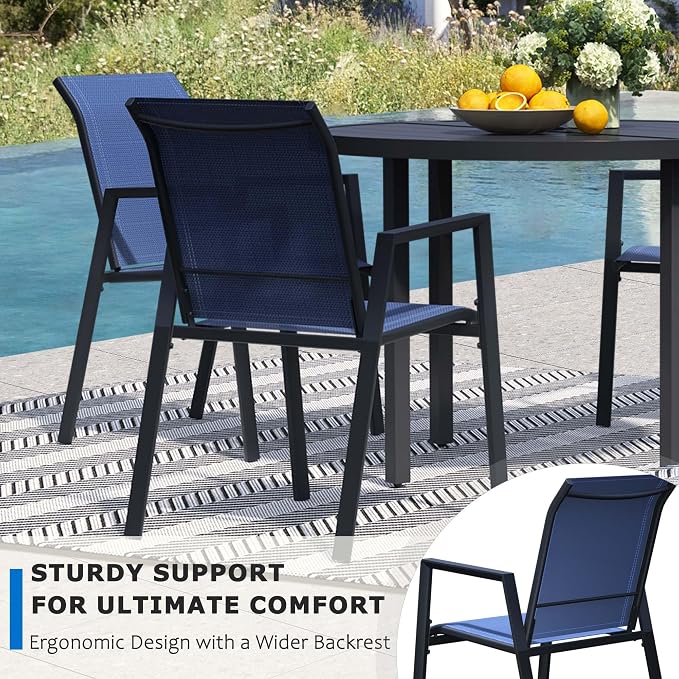 9-Piece Outdoor Dining Set for 8 – 60" Black Round Outdoor Table with Umbrella Hole & 8 Blue Outdoor Stackable Dining Chairs, All-Weather Patio Furniture