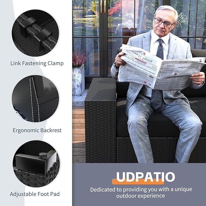 UDPATIO Patio Furniture Set with Fire Pit Table, Outdoor Wicker Conversation Set with 8'' Wide Armrests, Patio Sectional Sofa Set for Backyard, Deck, Black Cushions