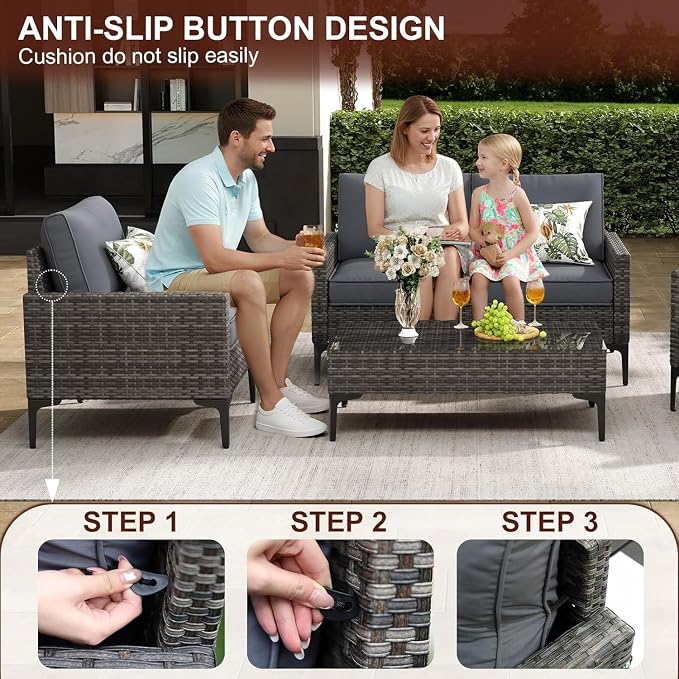 4 Piece Patio Furniture Set, Wicker Modular Outdoor Furniture with Thicker Cushions, Outdoor Couch Sofa for Garden, Poolside, Backyard, Gray