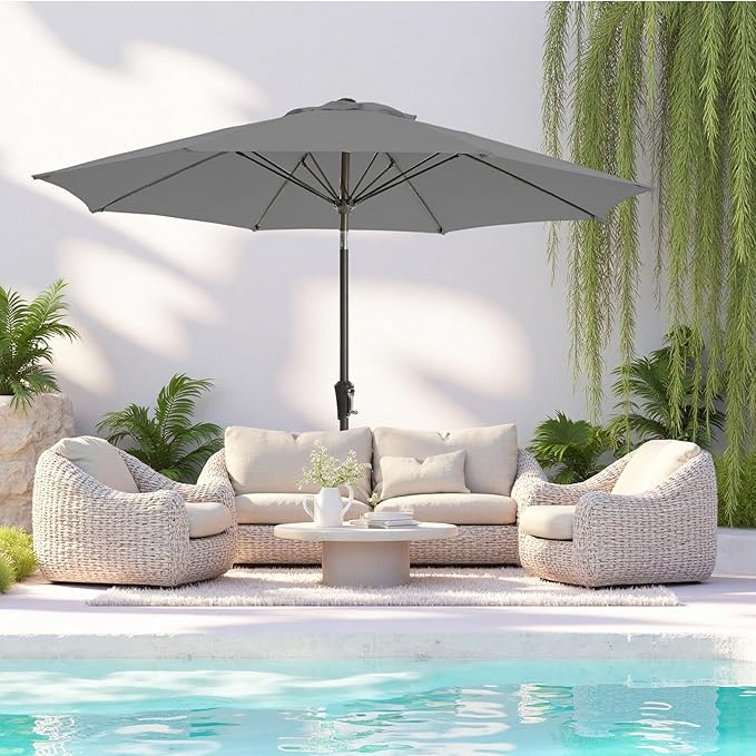 9FT Large Outdoor Patio Umbrella Pool Market Umbrella-UV Resistant, Easy Push Button Tilt and Crank, 8 Sturdy Ribs Heavy-Duty Table Umbrella for Deck, Backyard, Garden(Grey)