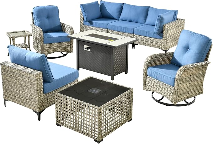 Outdoor Patio Furniture Sets,9 PCS Patio Conversation Set Outside Rattan Sectional Sofa with 42 in Fire Pit Table Wicker Rocking Chair Coffee Table Fit Backyard Porch Garden Poolside Balcony