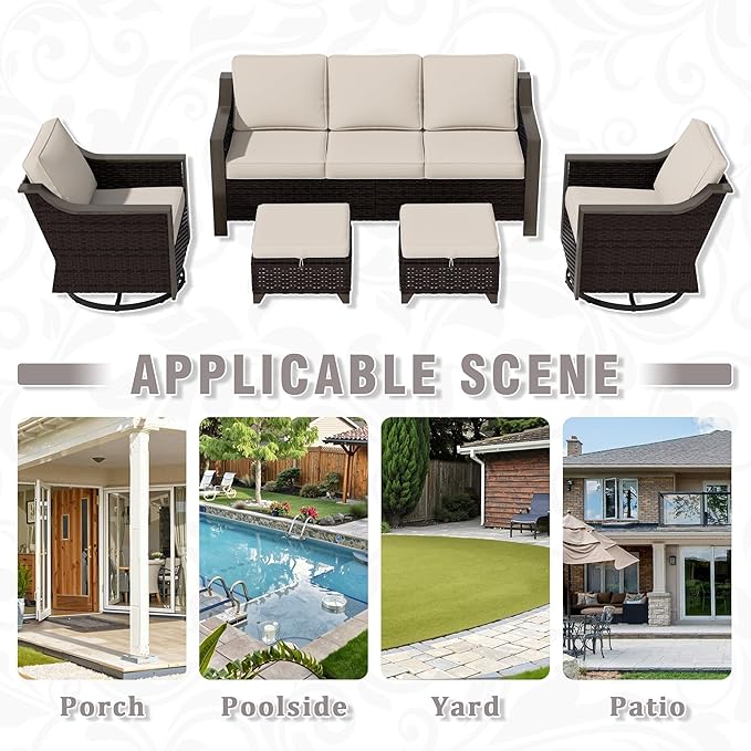 5 Piece Wicker Patio Conversation Set, All-Weather Use Outdoor 2 PE Rattan Swivel Chair, 2 Ottoman, 1 Patio Sofa, Removable Water-Resistant Cushion, Ideal for Porch, Backyard, Balcony, Poolside, Beige