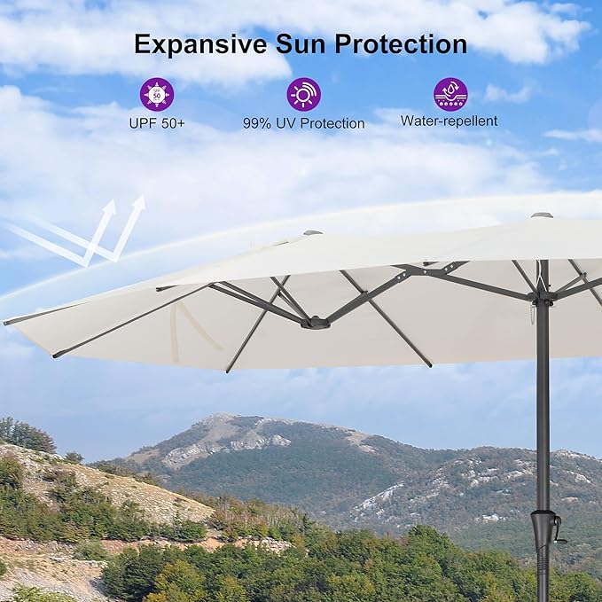 PURPLE LEAF 14ft Patio Umbrella Outdoor Double-Sided Umbrella with Base and Crank Rectangle Market Table Umbrella for Pool Deck Garden, Cream