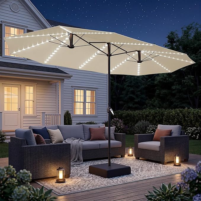 AECOJOY 15ft Large Patio Umbrella with Solar Lights, Double-Sided Outdoor Rectangle Market Umbrella with Base Included, 156 PCS LED Lights, Crank Handle for Garden Deck Pool in Tan(1.9" Pole)
