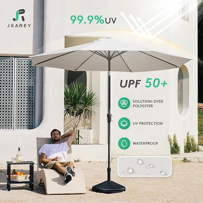 JEAREY 10FT Patio Umbrellas Outdoor Table Umbrella with Push Button Tilt and Crank, Market Umbrella 8 Sturdy Ribs UV Protection Waterproof for Pool, Garden (White)