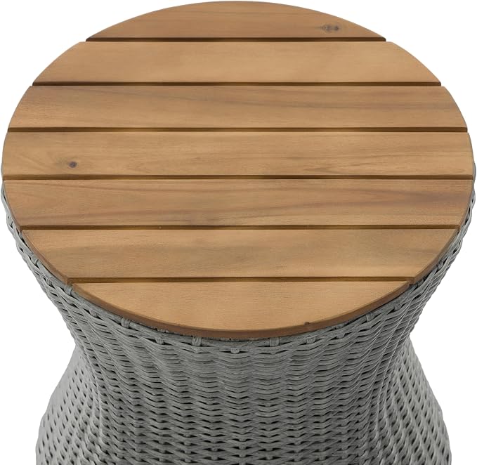 Christopher Knight Home Fenton 17.5" Outdoor Side Table, Round Patio End Table with Wood Top and Wicker Base, Small Outdoor Coffee Table for Balcony Garden Poolside, Accent Garden Stool, Grey+Natural
