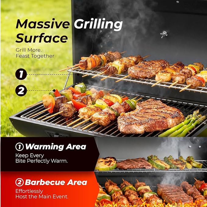 VINGLI Upgraded Barrel Charcoal Grill with 2 Sides Table, BBQ Grill Outdoor Smoker with Wheels for Party Garden Patio and Backyard Cooking 39''D × 24''W × 46''H (Upgraded Grill w/Side Table)