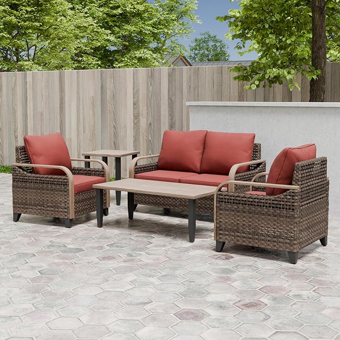 EAGLE PEAK Modern Wicker Outdoor Patio Furniture Set, Patio Conversation Set, 2 Chairs, 2-Seat Loveseat, Coffee Table and Side Table, 5 Pieces, Brown/Red
