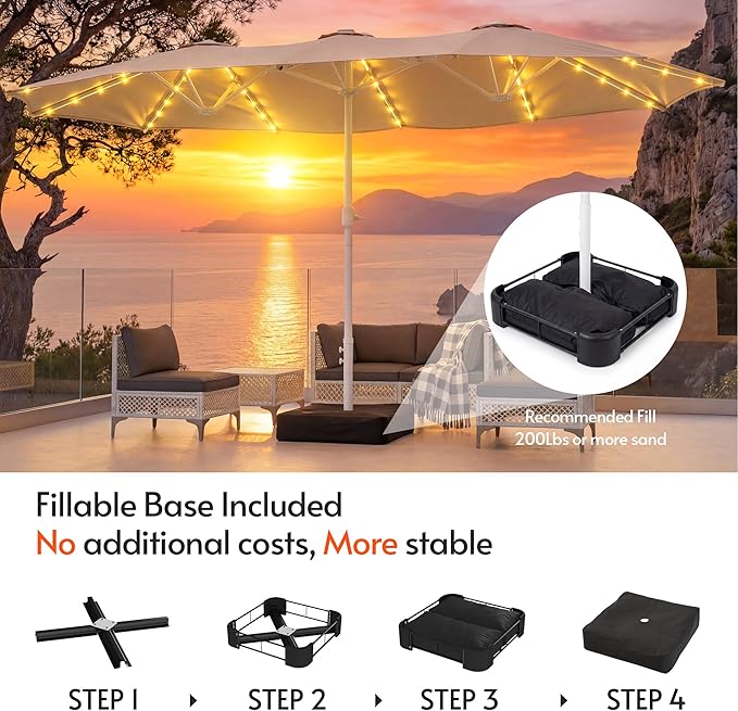 15ft Double-Sided Patio Umbrella with Solar Lights and Base Included, Large Patio Umbrella with 48 LED Dual-Color Lights, 135 Sq Ft Shade Area Patio Table Umbrella for Pool, Outddor, Deck (Champagne)