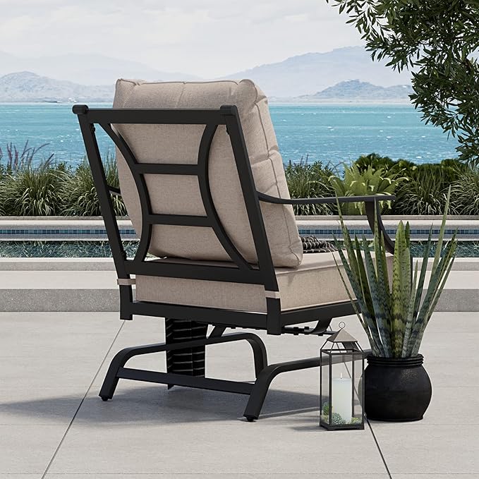 Grand patio 5-Piece Outdoor Furniture Set with 32'' Square Ceramic Tile Tabletop 50,000 BTU CSA Approved Fire Pit,4 Rocking Patio Chairs with Olefin Cushions and Pillows-Beige