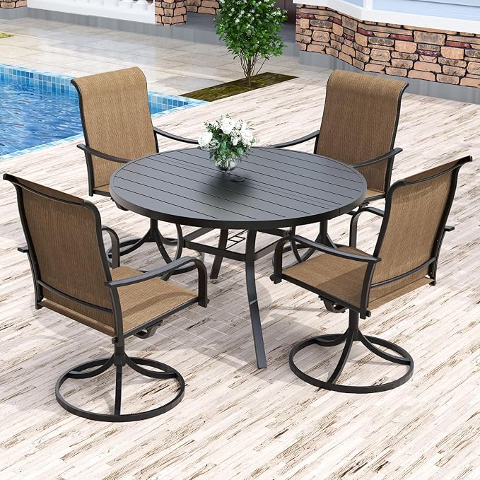 Anmutig 5 Pieces Outdoor Patio Dining Set, 4 Swivel Textilene Dining Chairs & 1 Round Outdoor Dining Table with 1.6"/1.9" Umbrella Hole for Backyard Bistro Outdoor Furniture Brown