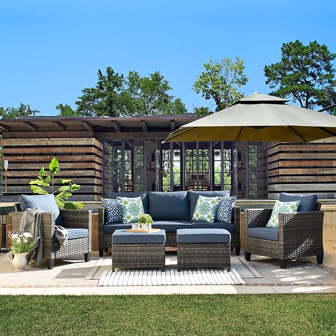 ovios 5 Pieces Patio Furniture Set, Outdoor Wicker Rattan Sofa Couch with Ottomans Comfy Cushions, Modern Conversation Set for Deck Backyard Porch, Denim Blue