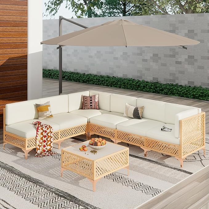 Vikiullf Outdoor Patio Furniture Set, PE Rattan Wicker Patio Conversation Sets, All Weather Sectional Sofa for Garden, Poolside, Backyard (7 Pieces Sectional)