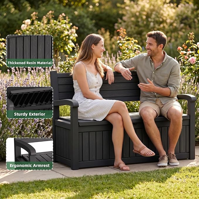 80 Gallon Outdoor Storage Bench Deck Box Waterproof Resin Lockable UV Resistant Benches Furniture Outside Porch Patio Pool Garden Tool Cushion Black