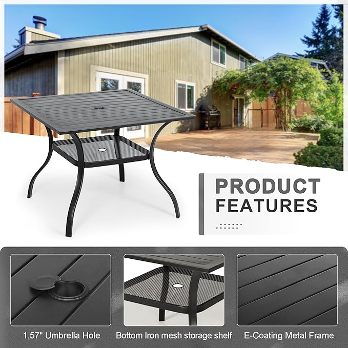 Crownland 5 Piece Patio Dining Set, Textilene Dining Sets, 4 Textilene Metal Chairs and Square Outdoor Dining Table with Khaki 9FT Round Outdoor Umbrella (Black)