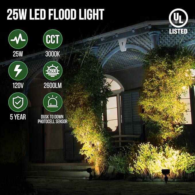 GKOLED 25W LED Flood Lights Outdoor, Dusk to Dawn Security Light, with Anti-Glare Guard, 120V 3000K 2600LM Waterproof Landscape Lighting, Aluminum Lighting Fixture, 1/2" Knuckle Mount, UL Listed