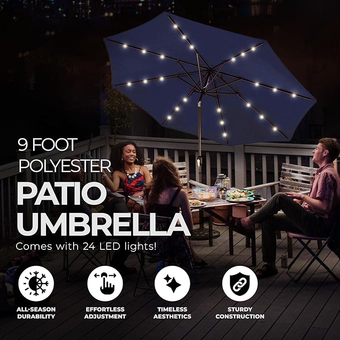 Four Seasons Courtyard 9 Foot Polyester 2 Section Steel Pole Outdoor Patio Market Umbrella with Open Tilt System and LED Lights on 8 Steel Ribs, Navy