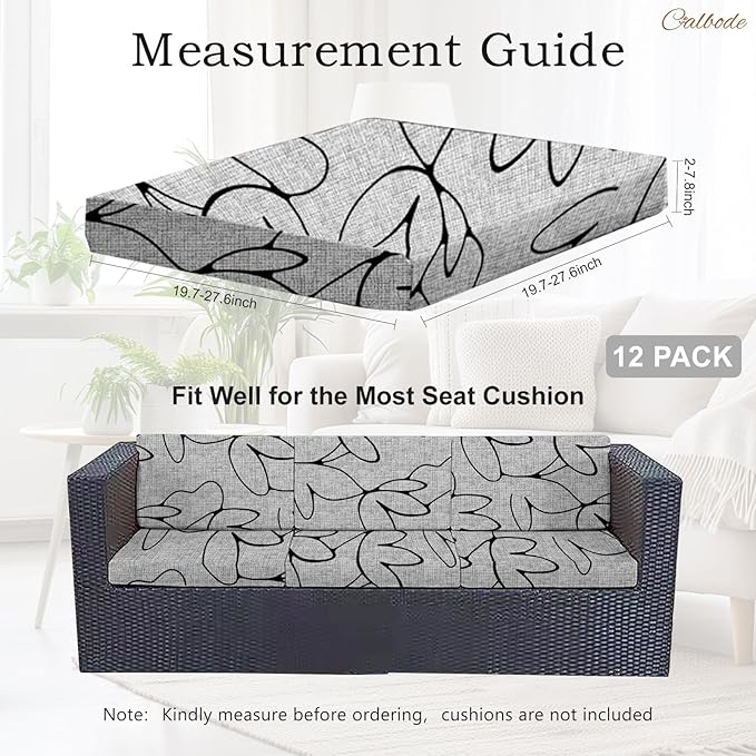 CALBODE 12PCS Waterproof Patio Sofa Covers with Elastic Floral Printed Stretch Outdoor Cushion Seat Covers Set of 12 Wicker Chair Washable Replacement(Grey,Cushions Not Included)