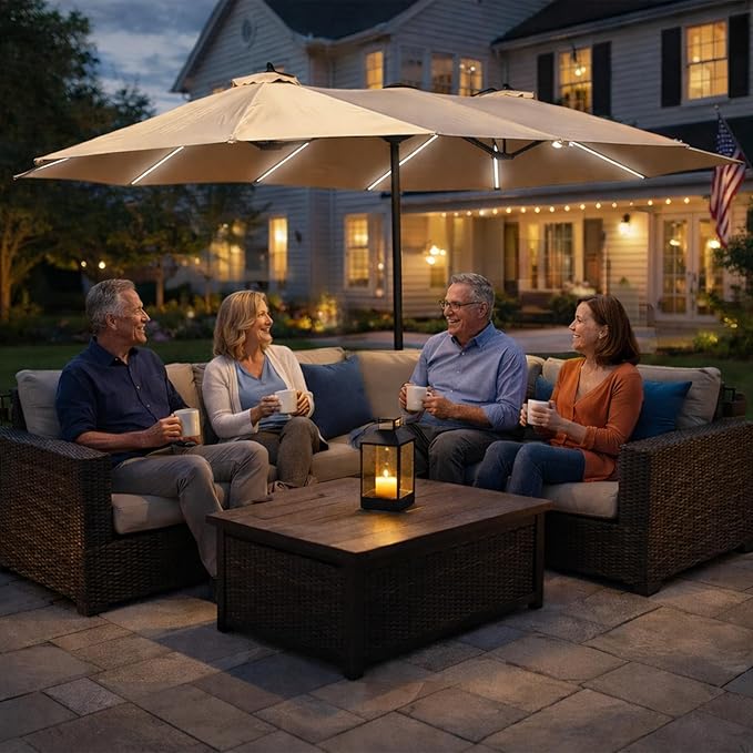 Kozyard 15 FT Rectangular Double-Sided Patio Umbrella with Solar Lights, Outdoor Patio Umbrella with Crank Lift, Base Included, UV-Resistant for Pool, Backyard & Garden Beige