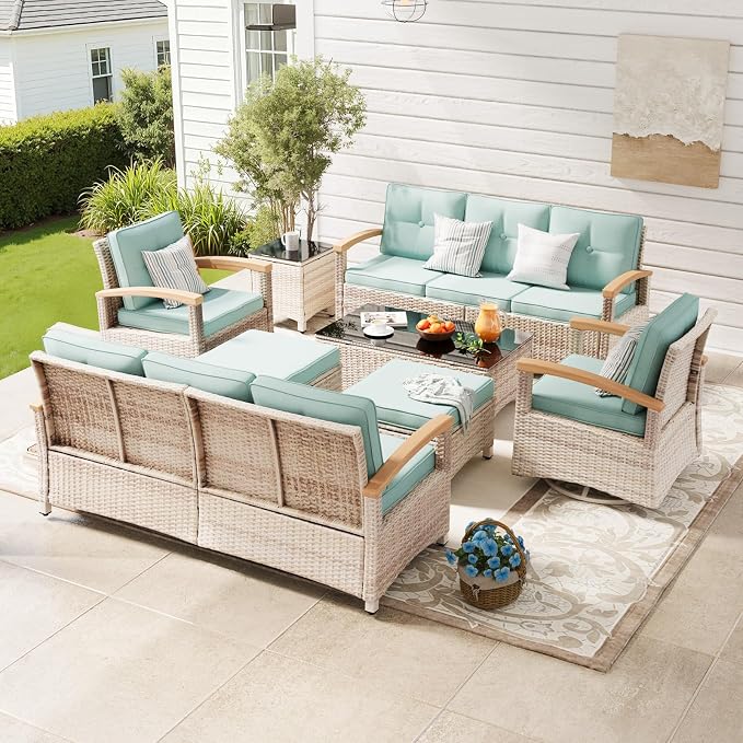 MEISSALIVVE 8 Pieces Patio Furniture Sets,Wicker Patio Conversation Sets with 2 Wood Armrests Swivel Glide Chairs, Outdoor Conversation Set for Deck Yard and Poolside (Blue)